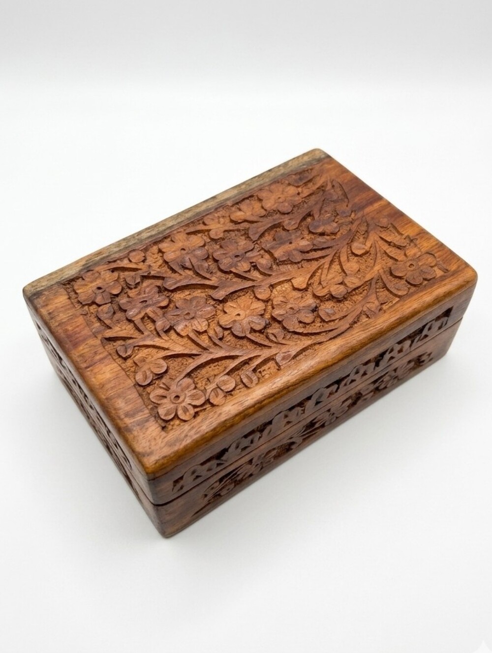 Vintage Hand Carved Wooden Trinket or Jewelry Box from India 6” x 4” x 2”